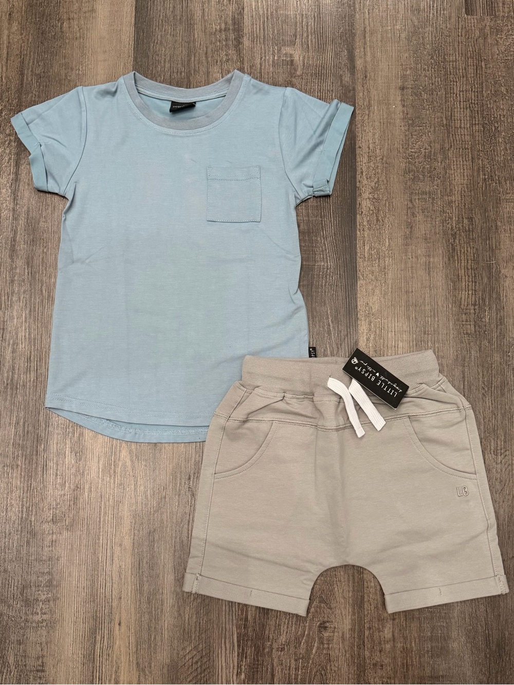 Little Bipsy Light Blue Pocket Tee & Light Gray Drawstring Shorts Set